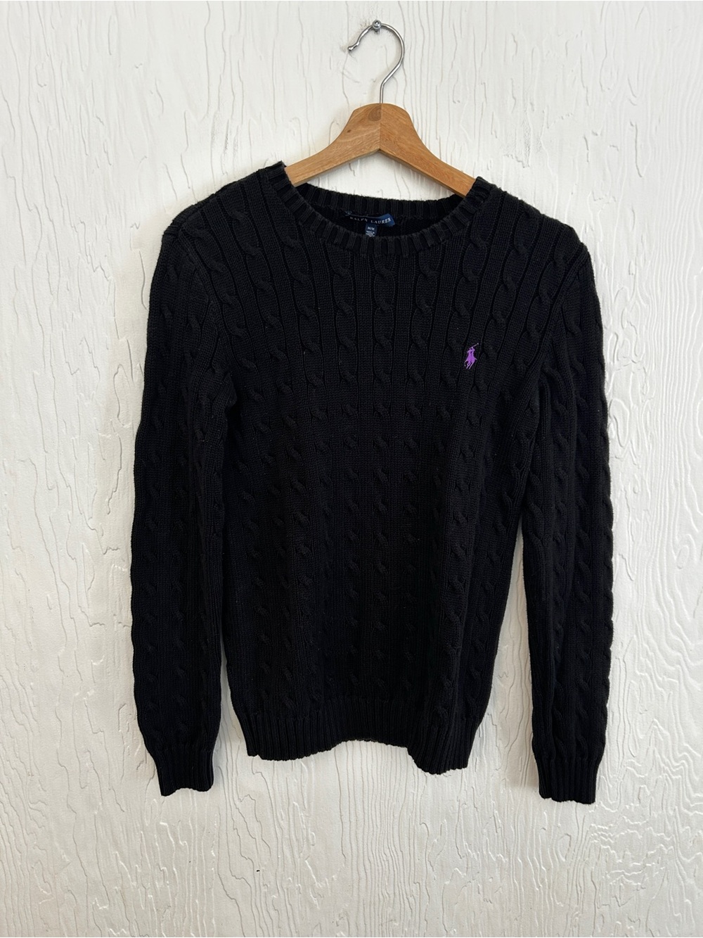 RALPH LAUREN Cotton Cable Knit Crew Neck Sweater Black Medium Preppy Old Money - Picture 1 of 4